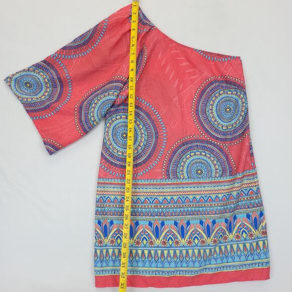 Hello Miss Short Dress One Shoulder Pattern Women S Coral MultiColor Blue Beachy - Picture 7 of 8